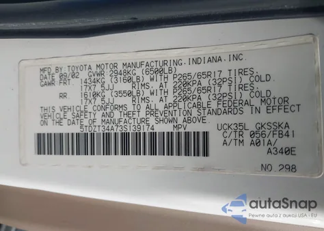 2003 Toyota Sequoia Sr5 z USA, uszkodzony, nr VIN 5TDZT34A73S139174